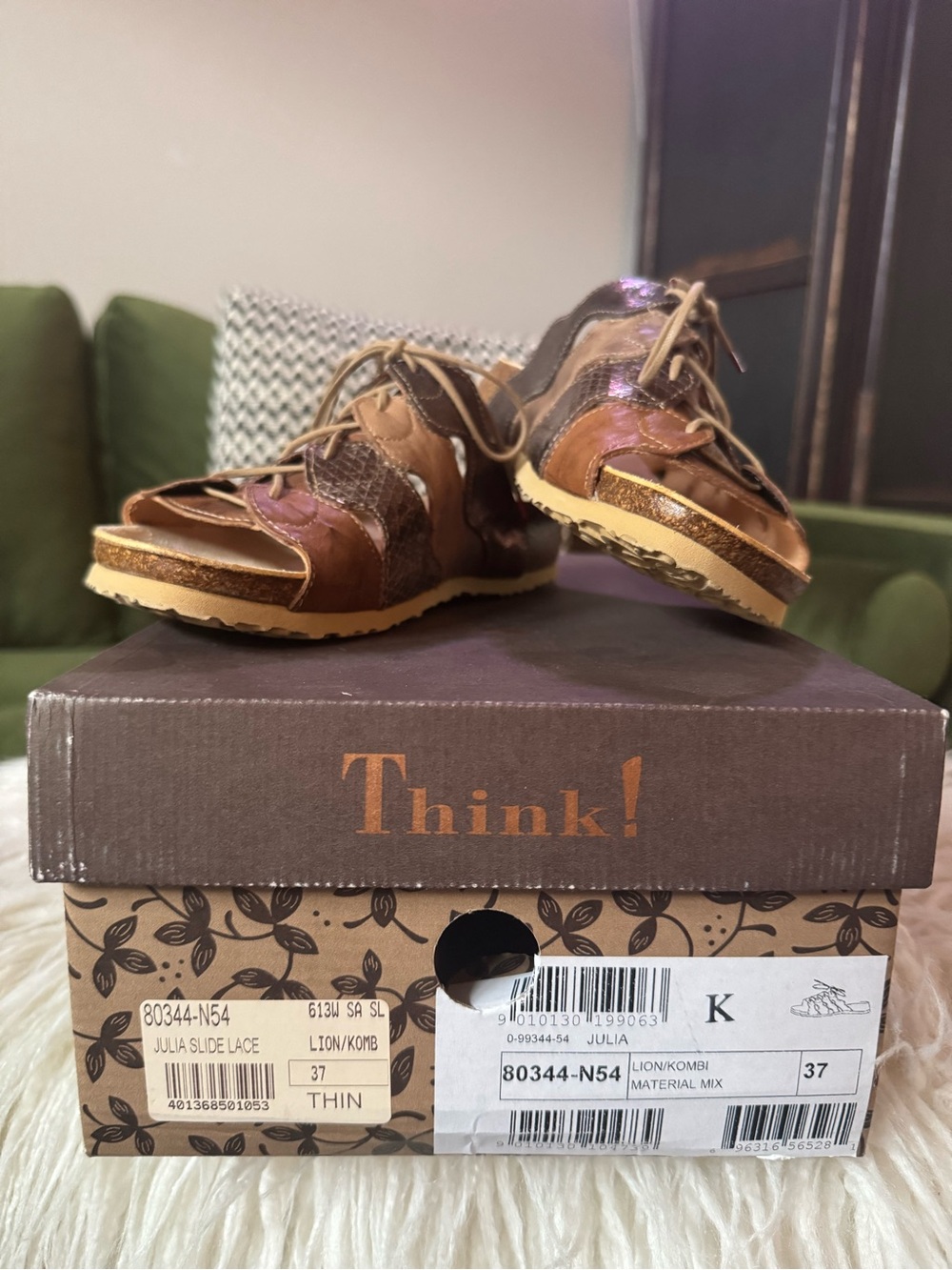 Think! Julia Multi-Brown Leather Slide Sandals with Lace